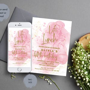 Digital pink luncheon invitation, Brunch Party Invitation Editable Pink Gold Birthday Invite Template Ladies Teens Girls Celebration