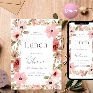 Let's Lunch Party Invitation Printable Ladies Birthday Luncheon Invite Editable Digital Download Template Flower Pastel Decor