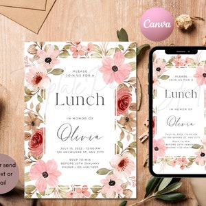 Let's Lunch Party Invitation Printable Ladies Birthday Luncheon Invite Editable Digital Download Template Flower Pastel Decor