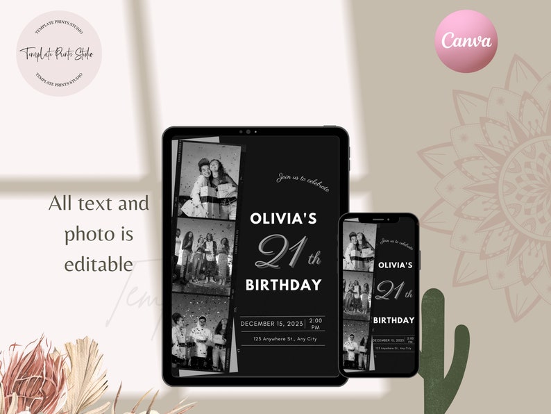 May include: Black and white photo birthday invitation with a black background. The invitation says "Join us to celebrate Olivia's 21st Birthday" with the date and time of the event. The invitation has three photos of people in black and white.