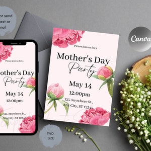 Editable Mother's Day Invitation, Peony Mother's Day Brunch Invitation, Mother's Day Celebration Invite Instant Download Template