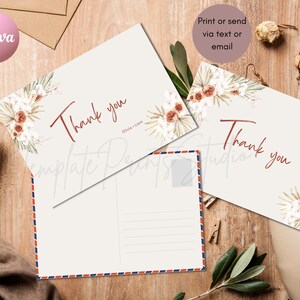 Boho Thank You Postcard Template, Printable Minimalist Thank You Card, Editable or Ready Modern Wedding Postcard Thank You, Instant Download