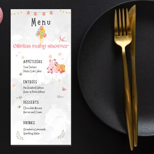Kids Menu Template, Balloon Baby Shower Menu, Baby Shower Food Menu, Watercolor Baby, Editable Menu Templett