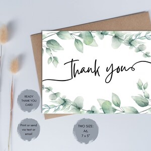 Printable Greenery Ready Thank You Card, Thank You For Your Support Card, Wedding Thank You Digital Download Postcard, Note Card.