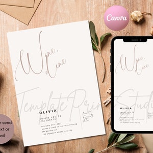 Wine and Dine Invitation Printable Template, Minimalist Editable Birthday Party Invitation, Printable Wine Invite