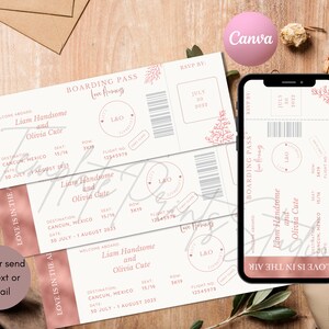 May include: A wedding invitation in the form of a boarding pass with a pink and white colour scheme. The invitation reads "Love is in the air" and "Boarding Pass Love Always". The invitation is for Liam Handsome and Olivia Cute and is for a destination wedding in Cancun, Mexico. The date of the wedding is 30 July - 1 August 2023.