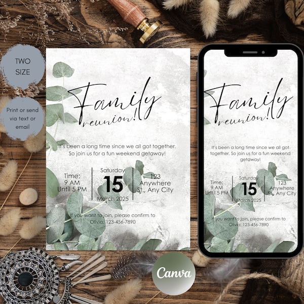 Family Reunion Invitation Printable, Simple Family Luncheon Invite Editable Digital Download Template Eucalyptus Decor