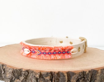 Boho dog collar, ethnic border, orange with shells, wide dog collar, cotton collar for dogs