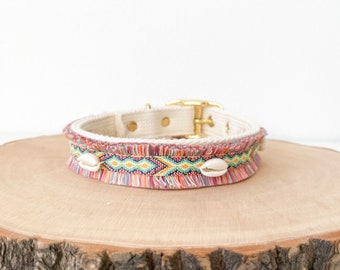 Dog collar Boho, ethnic border, shells, wide dog collar, cotton collar for dogs, summer, spring
