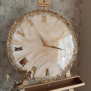 BeigeGoldenandWhiteAbstractEpoxyResinWallClockForHomeDecor