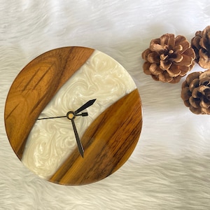 WhiteandWoodenAbstractEpoxyResinTableClock