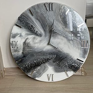 WhiteandGreyAbstractEpoxyResinWallClockForHomeDecor