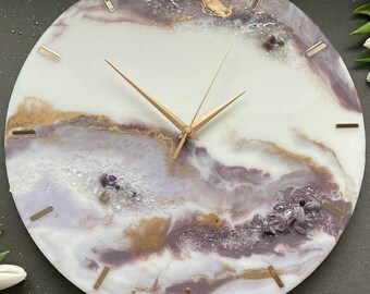 PurpleandGoldenAbstractEpoxyResinWallClockForHomeDecor