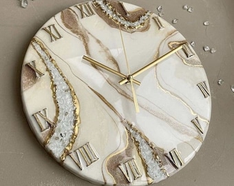BrownandGoldenAbstractEpoxyResinWallClockForHomeDecor