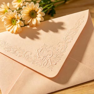 Puede incluir: Un sobre de color melocotón claro con detalles florales en relieve e iniciales. El sobre está adornado con un borde decorativo y las iniciales "K" y "R". Dos flores de color melocotón con centros amarillos descansan sobre el sobre.