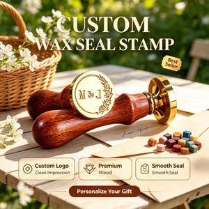 May include: A custom wax seal stamp with a polished gold metal head and a dark brown wooden handle. The stamp face features the letters M & J encircled by a laurel branch design. Small colourful wax beads are scattered near a paper envelope.