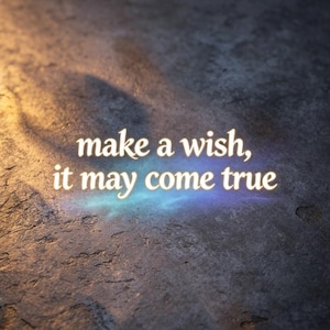 May include: The text "make a wish, it may come true" is displayed in a glowing, light-colored font against a dark, textured, stone-like surface. A soft, ethereal blue light emanates from behind the lettering, creating a subtle, hazy glow.