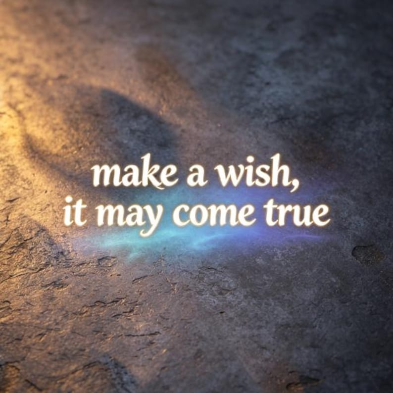 May include: The text "make a wish, it may come true" is displayed in a glowing, light-colored font against a dark, textured, stone-like surface. A soft, ethereal blue light emanates from behind the lettering, creating a subtle, hazy glow.