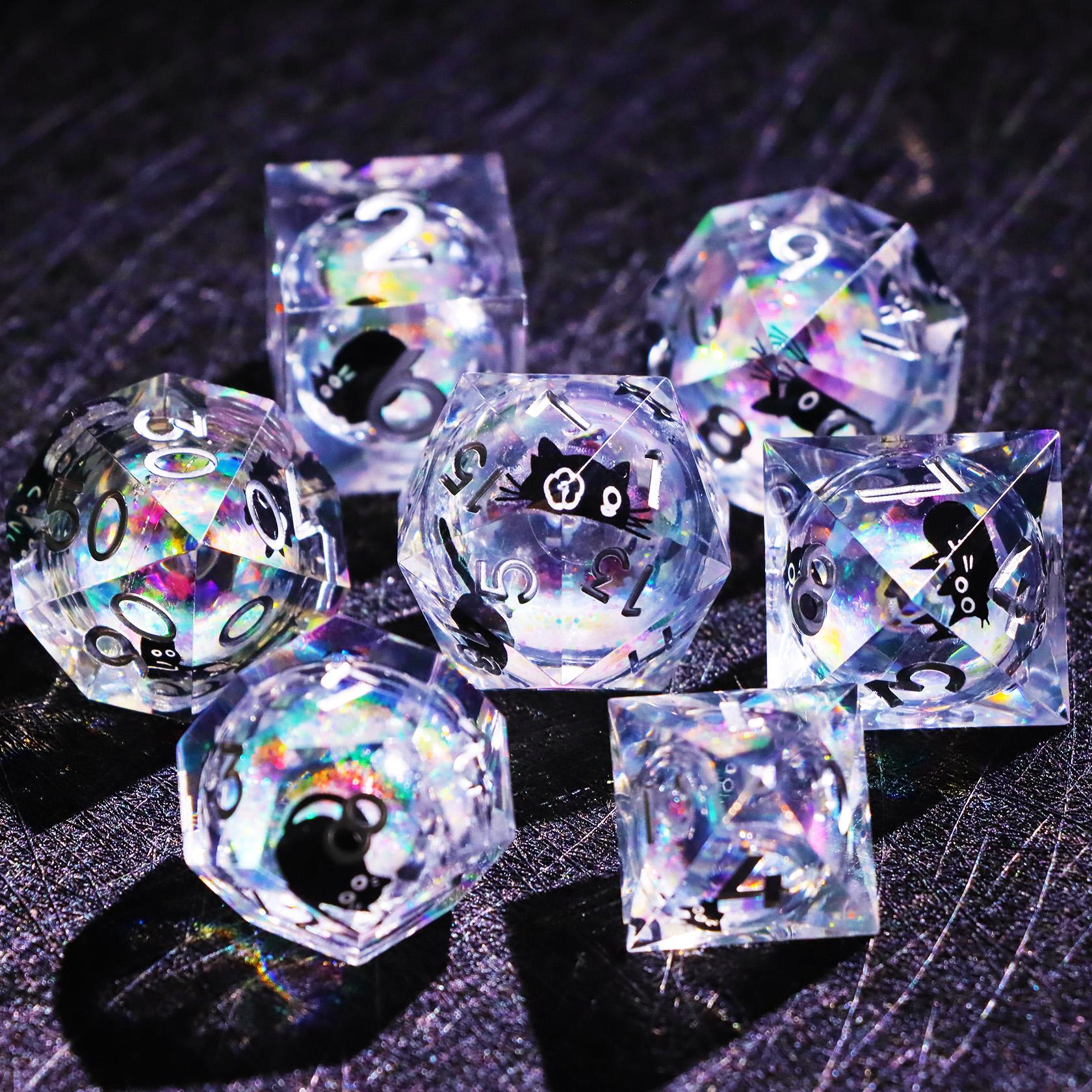 Crystal Cat Liquid Core DnD Dice Set for Role Playing Games, Dark Starry Sky Dungeons and Dragons Dice Set, Resin Dinosaur D&D Dice Set