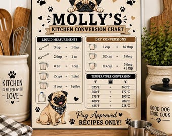 Personalized Pug Kitchen Conversion Chart, Custom Dog Lover Gift, Pug Kitchen Decor, Cooking Cheat Sheet, Housewarming Gift