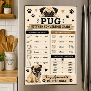 May include: A rectangular kitchen conversion chart magnet featuring a pug illustration at the top and bottom. The chart displays liquid measurements, dry conversions, and temperature conversions in Fahrenheit and Celsius, with the text PUG KITCHEN CONVERSION CHART and Pug Approved Recipes Only.