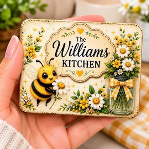 Personalized Bee Kitchen Magnet, Custom Family Name Decor, Farmhouse Bee Housewarming Gift