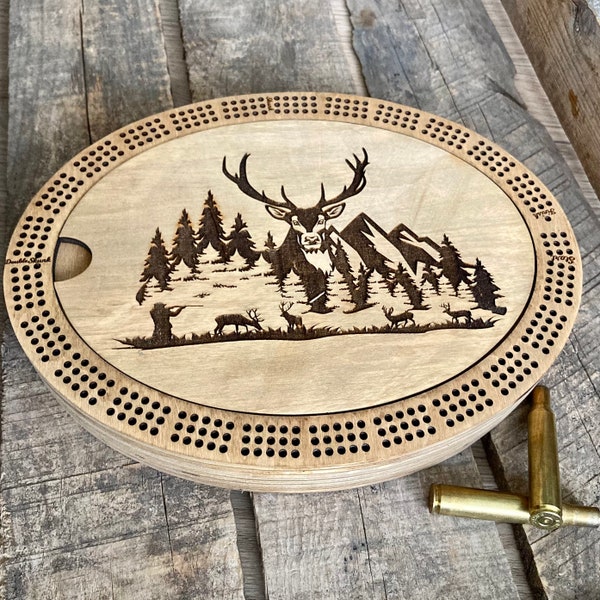 Cribbage board with hunting scenes fully personalized.