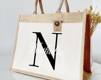 Sac en jute personnalisé avec poche supplémentaire | Cabas bag pour plage, shopping | cadeau pour meilleure amie, mère ou grande-mère