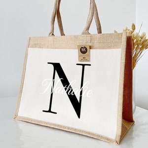 Sac en jute personnalisé avec poche supplémentaire | Cabas bag pour plage, shopping | cadeau pour meilleure amie, mère ou grande-mère