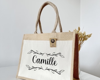 Personalized Jute Bag with Extra Pocket | Burlap tote bag | Unique gift idea for a friend, Mom or Grandma