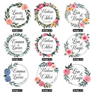 Op de afbeelding: Negen verschillende ontwerpen voor trouwkaartjes. Elk ontwerp heeft een bloemkrans op een witte achtergrond met de namen van het paar en hun trouwdatum. De ontwerpen bevatten namen zoals Lucas & Emma, Nathan & Chloe en Lea & Hugo.