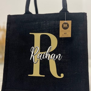 Sac en jute noir personnalisé, Le cadeau ideal pour amie, maman ou mariage, cabas personnalisable pour plage ou course - Cadeaux pour elle
