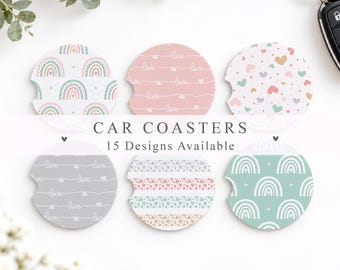 Pastel Pink Mint Car Coasters, Rainbow Heart Cup Holder Inserts, Cute Car Accessories for Women, New Car Gift