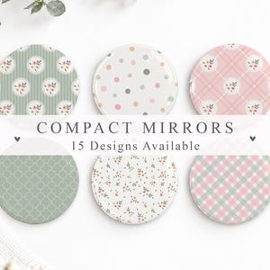 May include: Six round compact mirrors featuring various patterns including green stripes with floral medallions, white with multicolored polka dots, pink plaid with floral medallions, green quatrefoil, small floral sprigs, and pink and green gingham.
