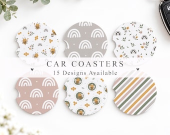 Sage Mustard Blush Car Coasters, Bee Rainbow Cup Holder Inserts, Cute Car Accessories for Women, Bee Lover Gift