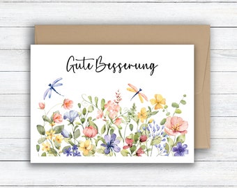 Grußkarte oder Postkarte - Gute Besserung mit bunten Blumen