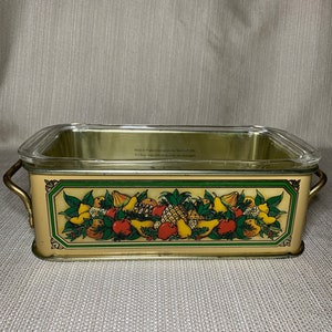 1980’s Teleflora Fruit Harvest Pyrex 1 1/2 qt. Loaf/Casserole Dish and Metal Carrier