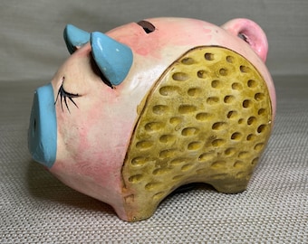 Vintage Hand Painted Plaster Piggy Bank with Stopper.