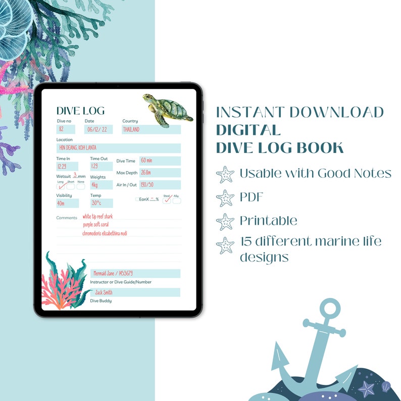 Dive Logbook Diving Log Book Instant Download PDF Printable Digital