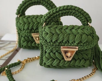 Multi Color Bag, Crochet Hunter Green Designer Bag, Knitted Colorful Shoulder Bag For Women, Capri Luxury Bag