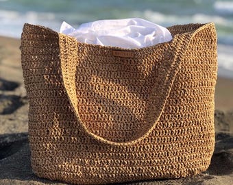 Crochet Raffia Tote Bag, Summer Straw Shopping Bag For Women, Straw Beach Shoulder Bag