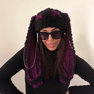 Bonnet tricoté en forme de lapin, bonnet à longues oreilles, bonnet d&#39;hiver avec oreilles de lapin