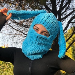 Blue Bunny Balaclava, Knitted Ski Mask, Unisex Animal Balaclava, Balaclava with Bunny Ears, Sexy Balaclava