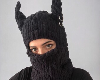 Knitted Ski Mask, Helmet Balaclava, Devil Balaclava, Balaclava with Horns, Devil Hat, Helmet Protector, Festival Mask