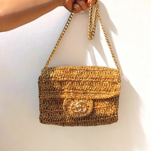 Crochet Gold Raffia Crossbody Clutch Bag, Knitted Metallic Wedding Purse For Women, Luxury Evening Summer Bag, Gold Bridal Clutch Bag zdjęcie 4