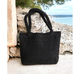 Bolso tote de rafia negra de crochet, bolso de hombro de verano para mujer, bolso tote de playa de paja, bolso urbano de punto
