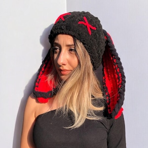 Bonnet lapin avec oreilles, bonnet lapin tricoté, bonnet lapin diable, masque d&#39;Halloween