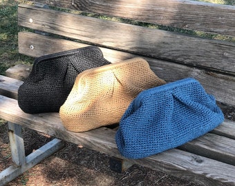 Crochet Pouch Clutch Bag, Small Raffia Beige Clutch Bag For Women, Straw Knitted Raffia Bag, Raffia Cloud Clutch Bag