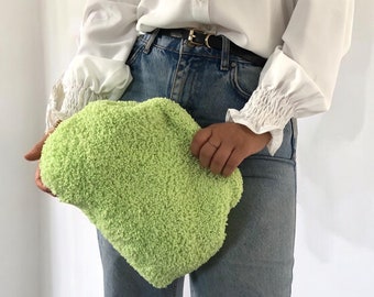 Crochet Green Teddy Pouch Bag, Knitting Handmade Cloud Bag, Winter Wedding Clutch Bag