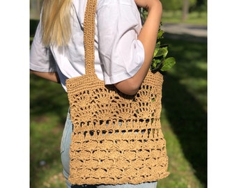 Crochet Summer Raffia Tote Bag, Straw Beach Shoulder Tote Bag, Raffia Mesh Minimal Boho Bag